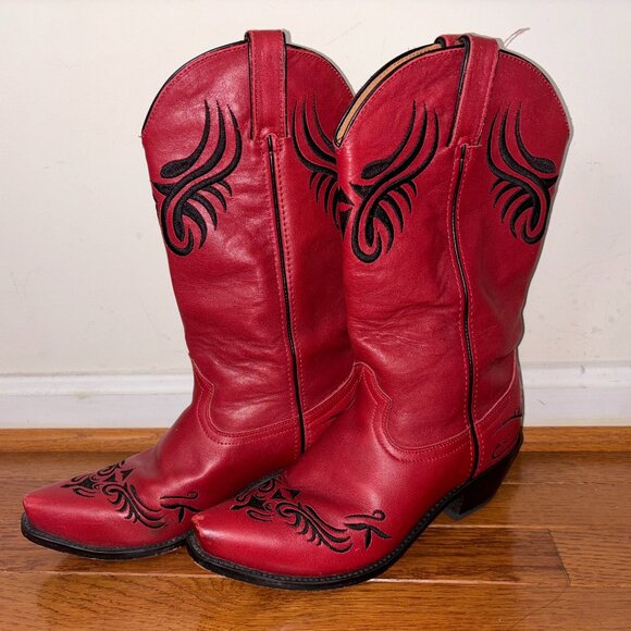 Embroidered Red Leather Western Cowboy Boots Woman Size 8 - Picture 1 of 7